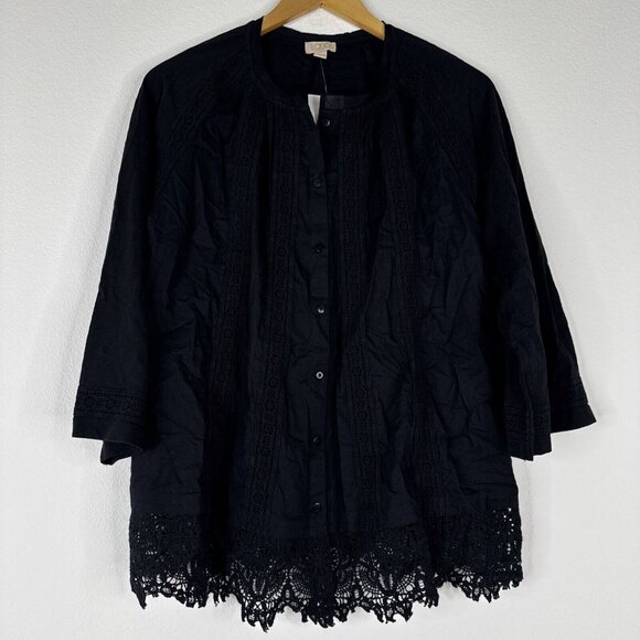 LOGO Lavish by Lori Goldstein Woven Button Front Top with Lace Trim Size M Black - Picture 2 of 13